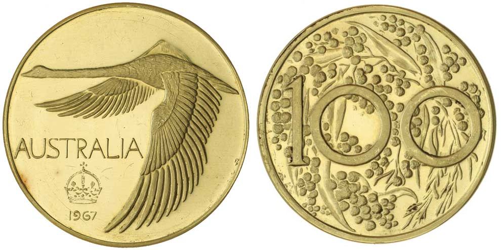 1967 Unofficial Pattern Dollar in Gold (image courtesy Noble Numismatics Pty Ltd)