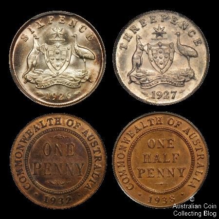 Reverse Designs of the Sixpence, Threepence, Penny, and Halfpenny