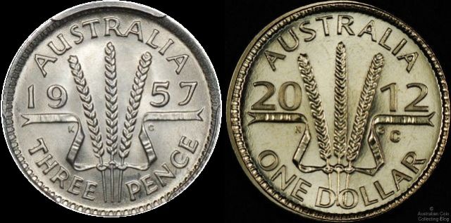 The Mintmark 1 Dollar for 2012, The Wheat Sheaf Dollar (right), that same design last seen on our pre-decimal threepence by George Kruger Gray (left)