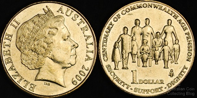 2009 Centenary if the Commonwealth Aged Pension -just one of the many Australian dollar coins produced in 2009