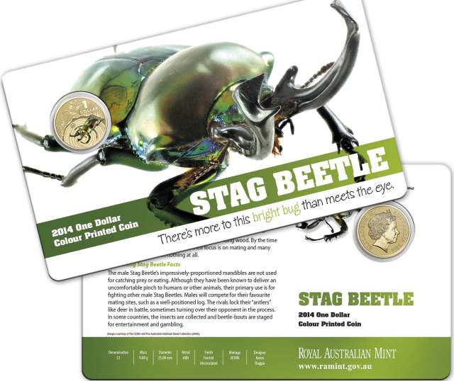 Rainbow Stag Beetle Australian Dollar Coin Packaging (image courtesy www.ramint.gov.au)