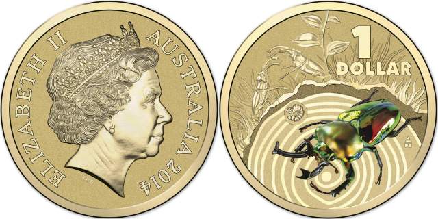 Pad Printed Coloured Stag Beetle Australian Dollar Coin in the Bright Bugs Series (image courtesy www.ramint.gov.au)