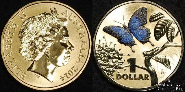 Pad Printed Colour Ulysses Butterfly Australian Dollar Coin in the Bright Bugs Series