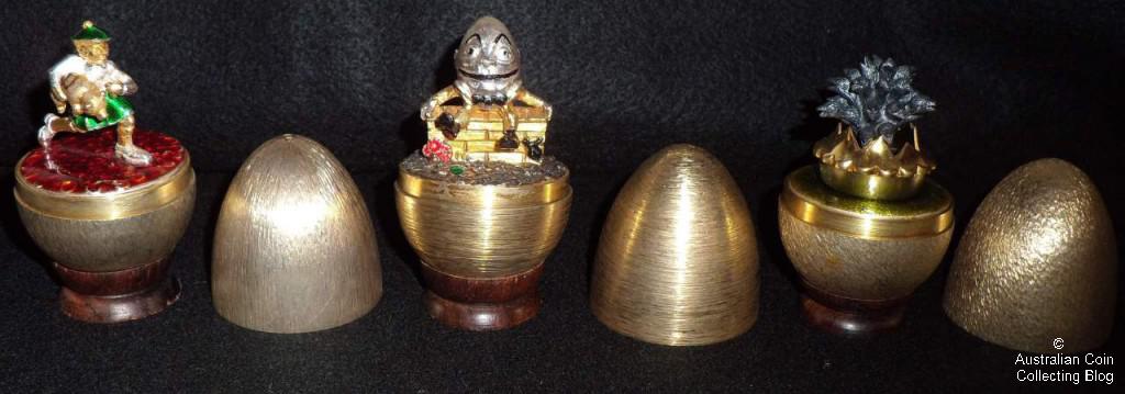 Man Carrying Pig "Tom Tom the Pipers Son" Silver 1981 (limited to 200), Silver Humpty Dumpty Egg 1976, (my favourite) Four & Twenty Blackbirds Baked in a Pie 1982 (limited to 200)