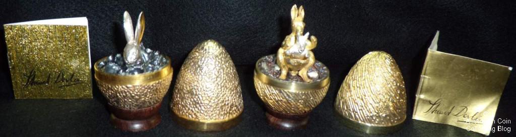 Silver Hare Egg 1969, Silver Kangaroo Egg 1974. These eggs are sprung loaded and both the Hare and the Kangaroos' Joey both jiggle about.