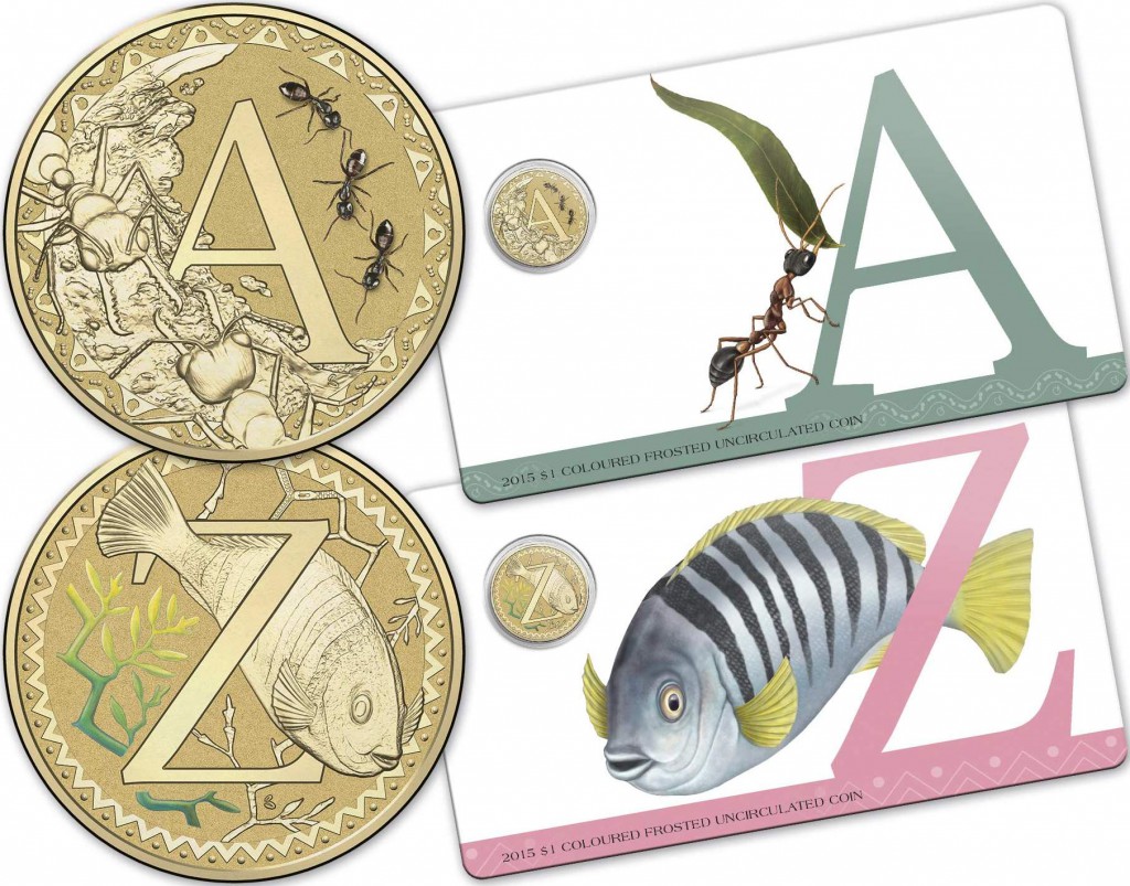 2015 Coloured Frosted Uncirculated Alphabet Dollars A-Z (image courtesy www.ramint.gov.au)