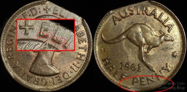 A genuine 1961 halfpenny clip showing all 3 effects (highlighted in red)