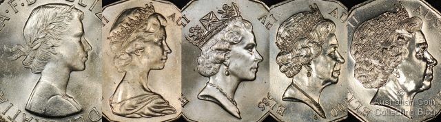 Portraits of Queen Elizabeth II (on Australian Coins), from left Gillick, Machin, Maklouf, Gottwald and Rank-Broadley
