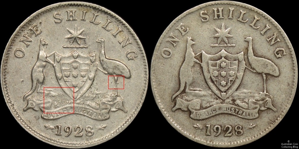 Another Comparison -Counterfeit 1928 shilling (left), genuine 1928 shilling (right)