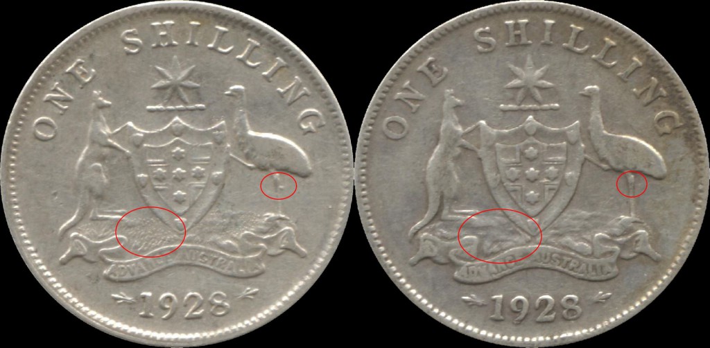 Counterfeit 1928 shilling (left), genuine 1928 shilling (right)