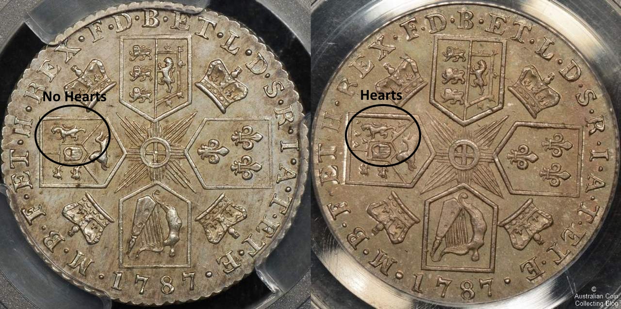 Great Britain 1787 Shilling No Hearts (left), With Hearts (right) in the Hanoverian Shield