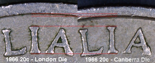 Australia 1966 20c LIA Detail, London Mint Left, Canberra Mint Right