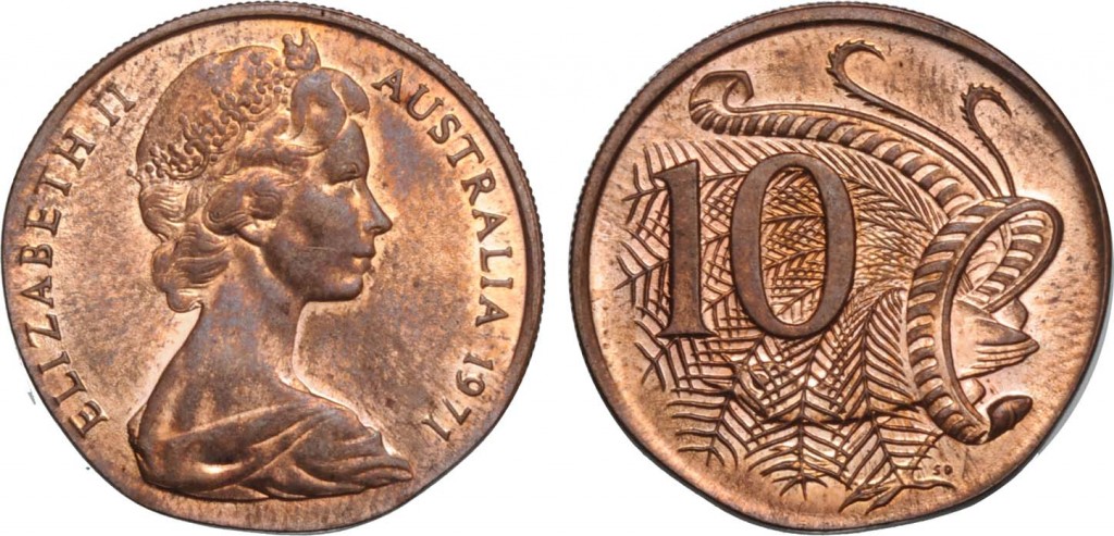 1971 10c Struck on Bronze 2c Planchet (Image courtesy Downies Australian Coin Auctions)