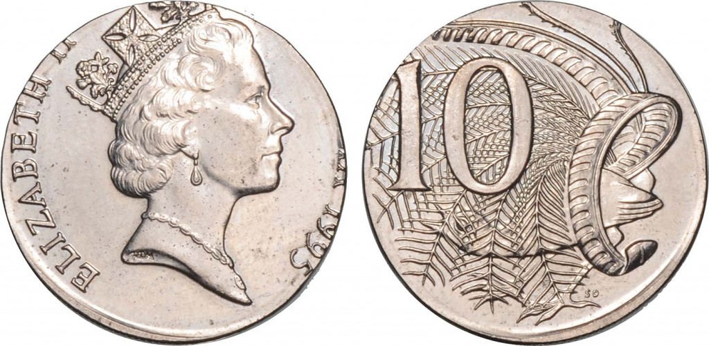 1995 10c Struck on 5c Planchet (Image courtesy Downies Australian Coin Auctions