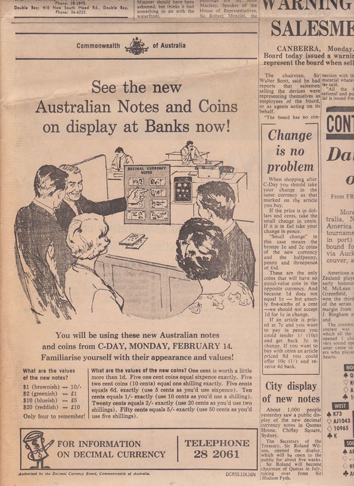 Newspaper ad from the Decimal Currency Board