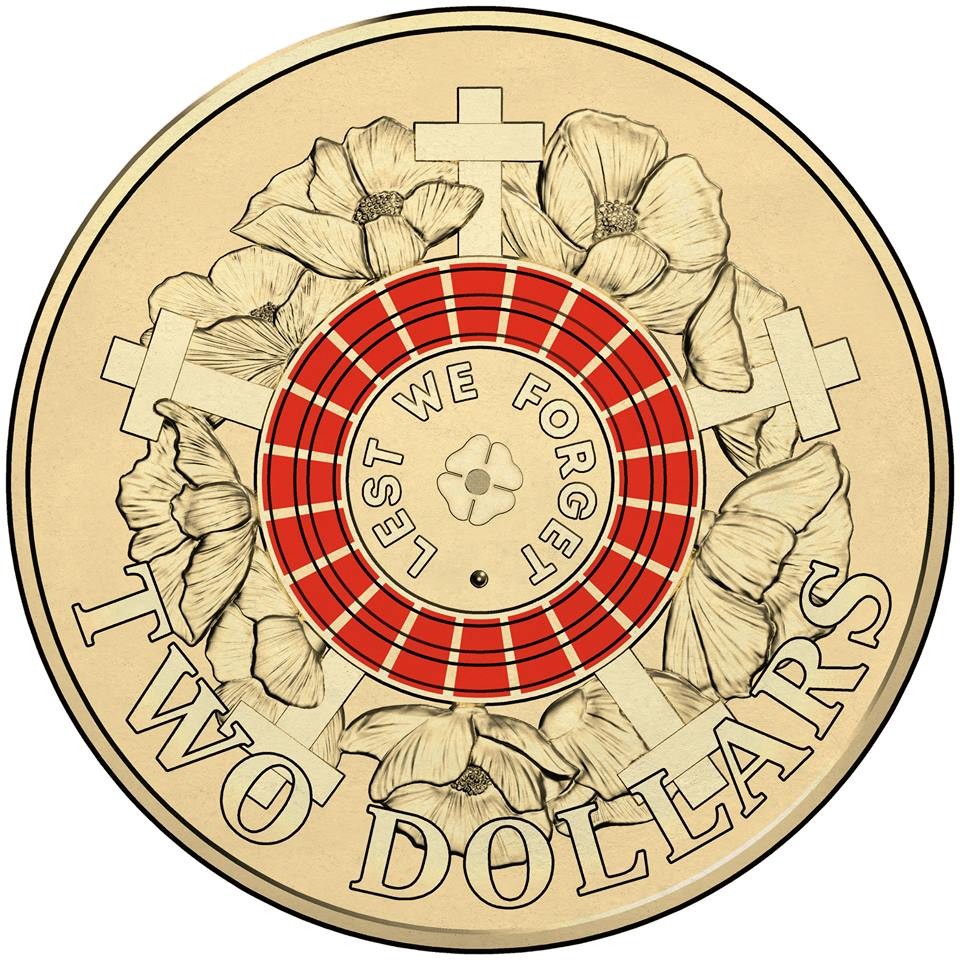 2015 2 Red ANZAC Poppy Counterstamp Coin