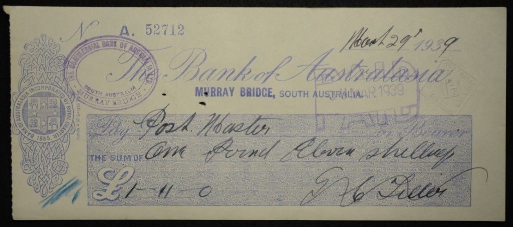 The Bank of Australasia Cheque, Murray Bridge South Australia March 29th 1939