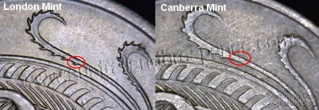 Australia 1966 10c - London Mint (left), Canberra Mint (right)