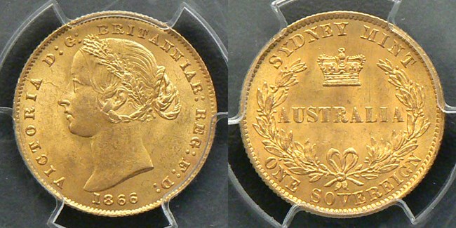 1866 Sydney Mint Sovereign (image courtesy Drake Sterling Numismatics)