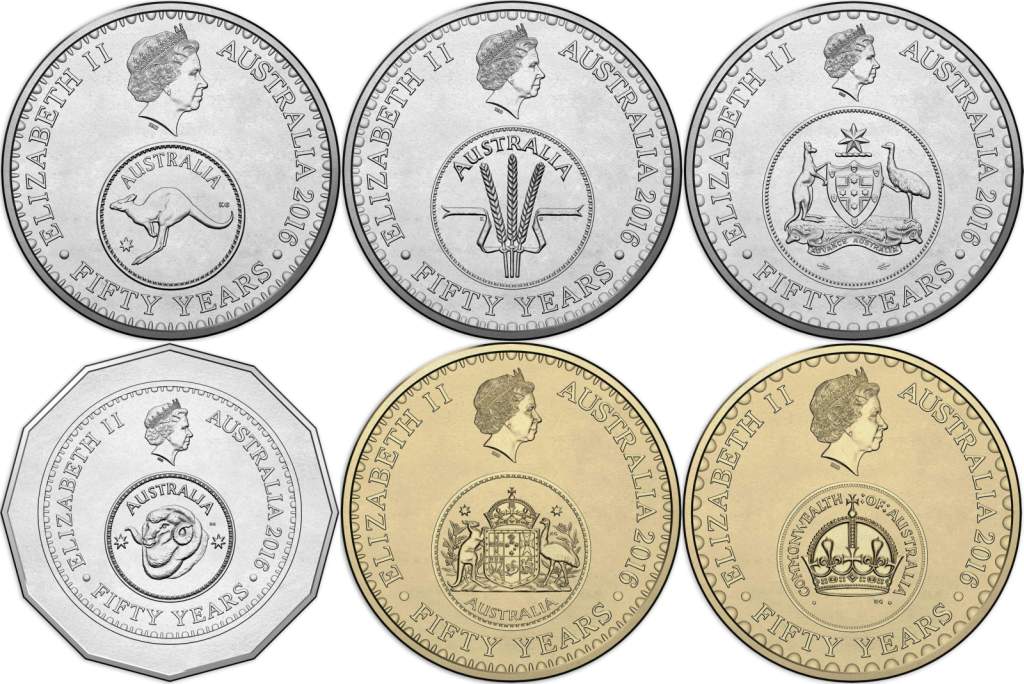 2016 Mint Set Obverse Designs. Top L-R 5c, 10c, 20c. Bottom L-R 50c, $1, $2 (image courtesy ramint.gov.au)