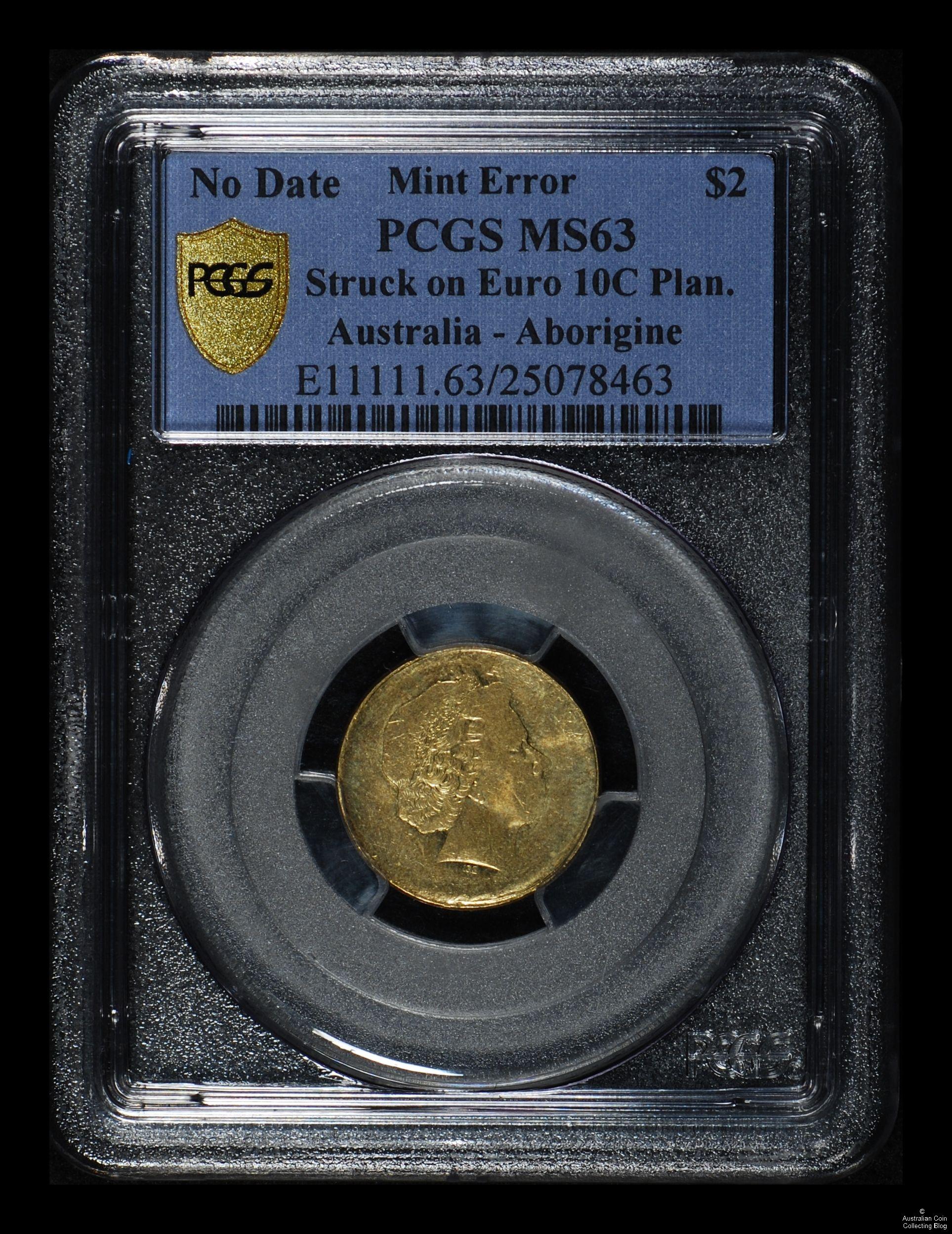 Australian $2 (no date) Struck on Euro 10c Planchet PCGS MS63