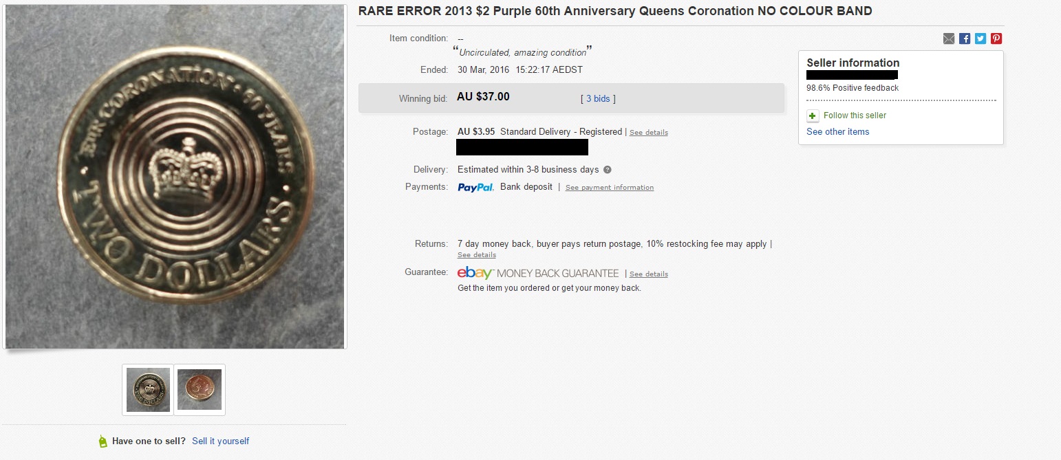 2013 Coronation $2 with purple paint removed 3 bids sold at $37.