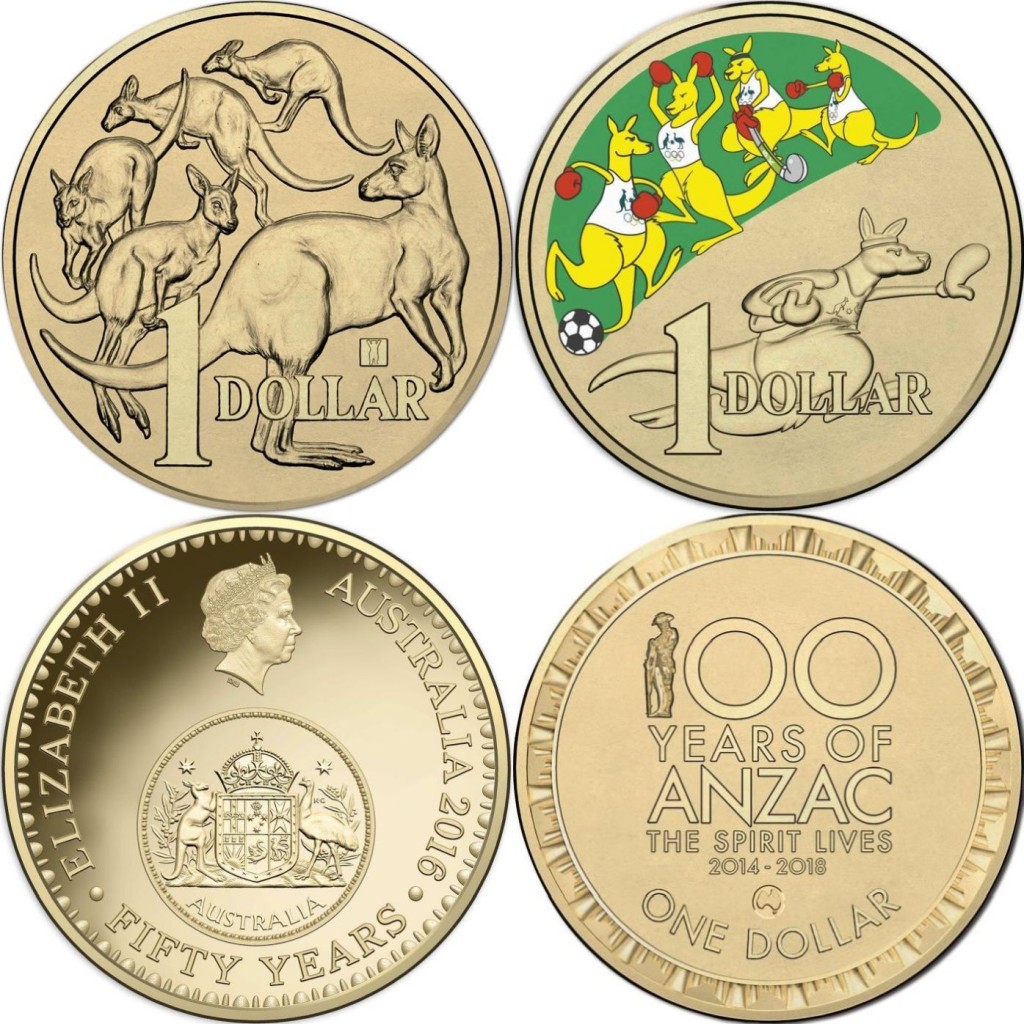 2016 Dollar Coins (images courtesy ramint.gov.au). Top left Mob of Roos Dollar with World Money Fair Buddy Bear Counterstamp, Top right Mob of Boxing Kangaroos, Bottom left 50th Anniversary of Decimal Currency Commemorative Obverse and Bottom right 100 Years of ANZAC Map Counterstamp.